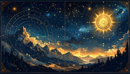 Celestial mountain panorama at dawn