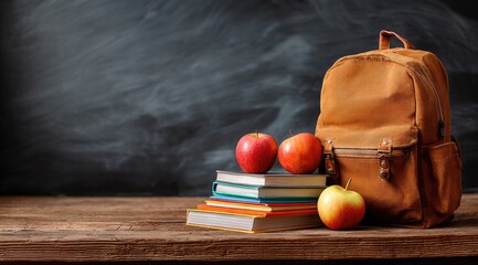 Back to school still life.  A tan backpack sits on a rustic wooden table next to a stack of colorful books and red apples. A dark gray chalkboard is in the background