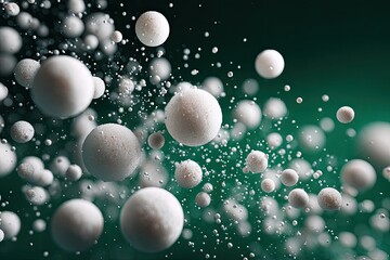 Abstract image of many white spheres in motion against a dark green backdrop.  Small, scattered specks of light are dispersed throughout