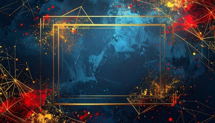 Textured blue background with gold rectangle frame and red/gold accents