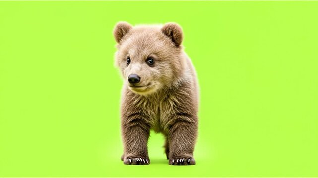 An adorable fluffy brown bear cub stands upright and looks forward against a greenscreen background.