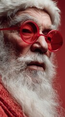Unique portrait of Santa Claus with vibrant red glasses against a bold background