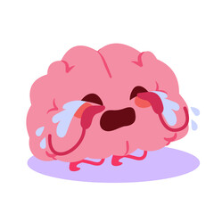 Expressive cartoon illustration of a brain character crying with sadness, symbolizing stress, depression, anxiety, burnout and mental health struggles