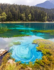 Serene alpine lake with vibrant turquoise water