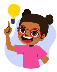 Cartoon illustration of baby girl having an idea. Female science student pointing a conceptual lightbulb