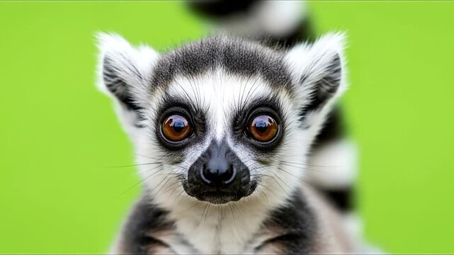 Close-up portrait of an adorable baby ring-tailed lemur with big brown eyes and a black and white face against a greenscreen background.