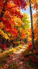 A picturesque autumnal trail winds through a vibrant forest ablaze with fiery foliage, bathed in the golden light of the setting sun.