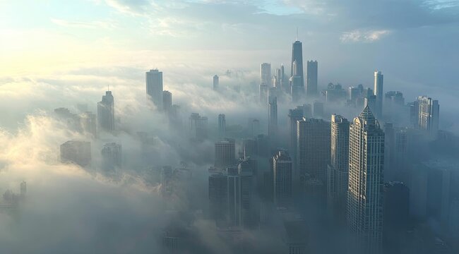 Aerial view of a city shrouded in morning fog. Skyscrapers pierce through a dense layer of clouds.  Soft sunlight filters through the mist