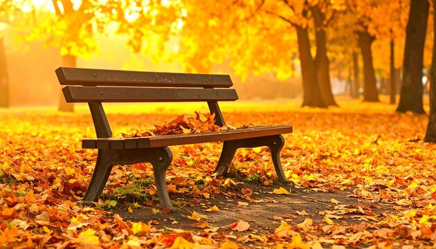 Autumn park bench, golden leaves - Powered by Adobe