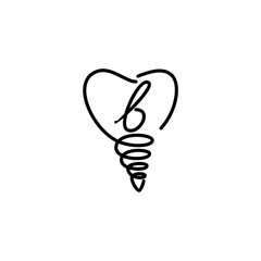 Minimalist line art logo featuring the letter "B" inside a tooth shape with a dental implant base, symbolizing modern dentistry and implant care.