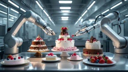 Robotic Arms Decorating Cakes in a Futuristic Industrial Kitchen, Precision and Artistry