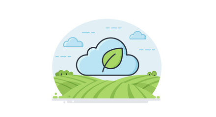 Fototapeta premium Stylized illustration depicts a leaf overlay on a cloud above green fields under a light blue sky. Concept for environmental awareness, sustainable agriculture and eco-friendly technology