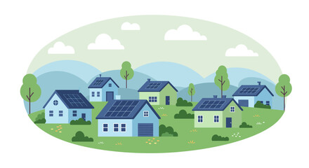 Naklejka premium Illustrated residential houses with solar panels on roofs amidst green hills and trees in flat design, concept for sustainable energy, eco-friendly living and neighborhood community