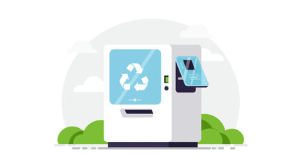 Isolated illustration of reverse vending machine with recycle icon on display, concept for waste management, environmental awareness and sustainable initiatives