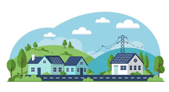 Illustration of houses with solar panels on roofs with green hills and blue sky. concept for renewable energy promotion, ecological lifestyle awareness and sustainable communities designs