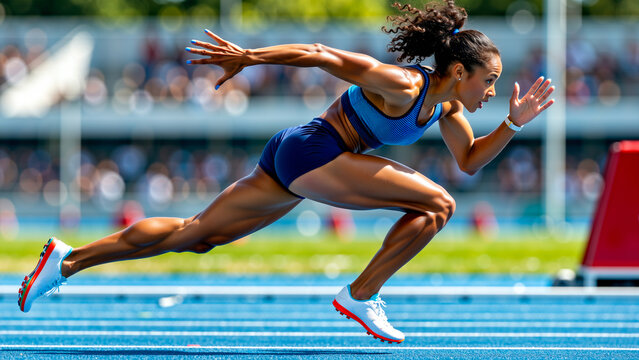 Muscular Female Sprinter Running on a Blue Track
