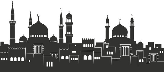 Fototapeta premium Arabian Cityscape Vector Set: Silhouette Skyline with Mosques and Minarets