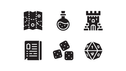 Six iconic fantasy role-playing game icons including map potion castle spellbook dice and d20