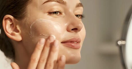 Woman applying moisturizer to her face in front of a mirror.