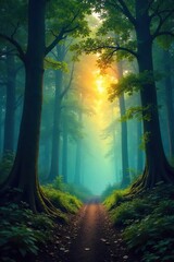 Enigmatic forest bathed in ethereal light, ancient trees reaching towards a mystical sky, hinting at hidden magic and unseen power within nature's embrace ,  fantasy,  dreamlike