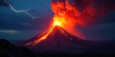 Spectacular volcanic eruption with dramatic lightning illuminating the ash plume against a dark night sky A rare and powerful display of nature's fury , force, hot, natural disaster