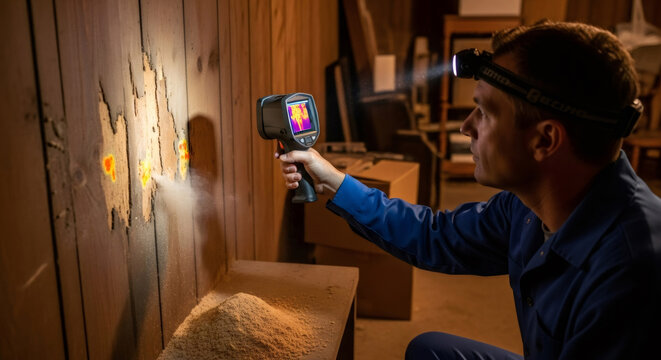 Caucasian man pest control worker inspecting wood wall with thermal camera. Termite heat detection for home structure. Protecting house from wood eating insect pest.