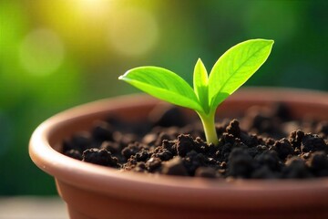 Close-up of vibrant green sprouts emerging from rich soil in a terracotta pot, sunlight illuminating new growth , nature, growth, sunlight