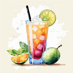 Mango Mojito Cocktail Vector — Tropical Rum Drink with Lime, Mint, and Ice Cubes