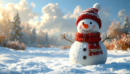 Obraz premium A cheerful snowman, adorned with a red hat and scarf, stands amidst a snowy winter landscape, bathed in sunlight.