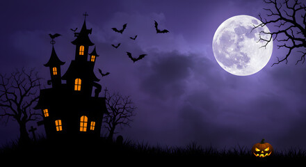 Nighttime Haunted House Scene with Full Moon, Flying Bats, Leafless Trees, and a Graveyard Atmosphere