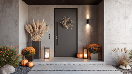 Modern Autumn Entryway with Sleek Gray Door, Dried Flower Wreath, Pumpkins, and Contemporary Lanterns