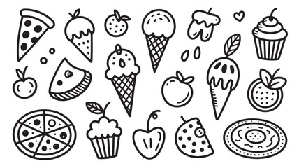 Hand-drawn doodle food icons pizza ice cream fruits and cupcake perfect for bakery or restaurant menu design