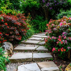 Serene garden path through vibrant blooms