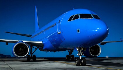 Obraz premium Blue airplane on tarmac at night