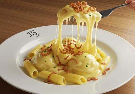 Decadent Cacio e Pepe Pasta with Crispy Onions, Fork Lift, Creamy Sauce, and Plate Number 15