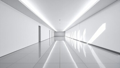 Modern Minimalist White Corridor with Reflective Floor
