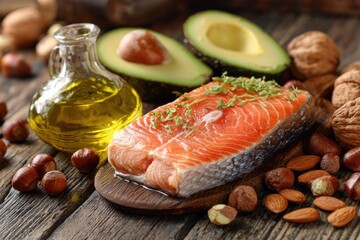 Fresh salmon fillet, avocados, nuts, and olive oil on a rustic wooden board.  Healthy fats and protein