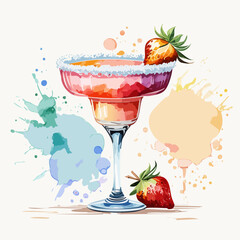 Strawberry Margarita Cocktail Vector — Frozen Pink Drink with Lime Wedge and Fresh Berries