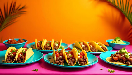 Lively table setting : tacos, fresh salsa, guacamole, margaritas, vibrant dishes, refreshing drinks - colorful Mexican food spread for party, celebration, casual dining concept