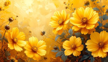 Fototapeta premium A vibrant display of luminous yellow cosmos blossoms, set against a backdrop of soft, golden hues, creating a warm and inviting floral composition.