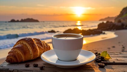 Coffee and croissant at sunrise on a beach