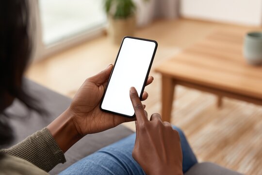 a close-up of an african american woman's hands holding and pointing to her smartphone with its blank white screen, sitting on the couch in a living room Generative AI