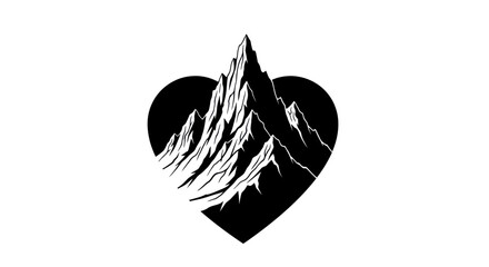 Monochromatic mountain peak silhouette nestled within a heart shape conveying enduring love