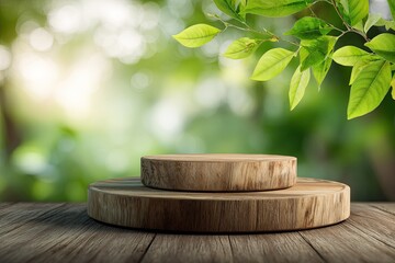 Wooden circular podiums on a rustic wooden table,  blurred green background of nature