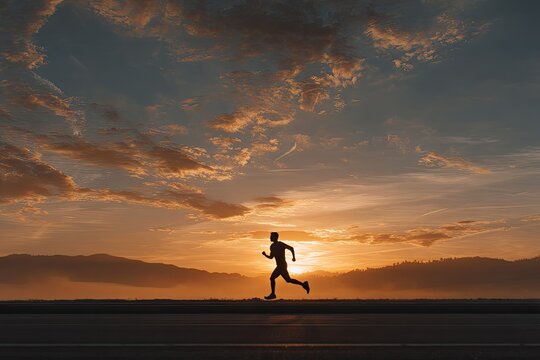 Silhouette of a runner at sunrise. A lone runner in silhouette sprints along a paved road at sunrise, against a dramatic sky filled with clouds and warm light