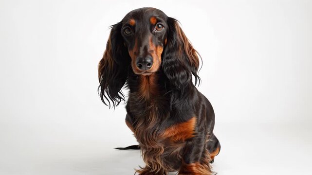 Longhaired dachshund dog sitting isolated on white background