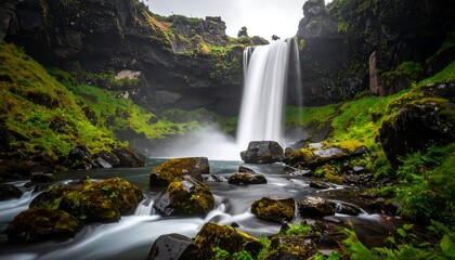 Majestic waterfall cascading over dark cliffs into a mossy riverbed