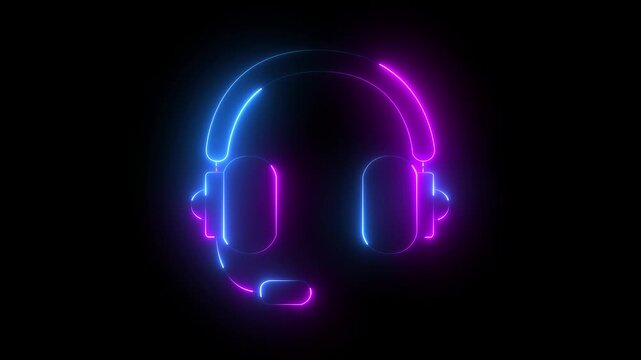Neon headphones sign. Glowing neon line Headphones icon. neon headphone icon animation. Neon headphones sign on a black background. Motion graphics of headphone icon concept.