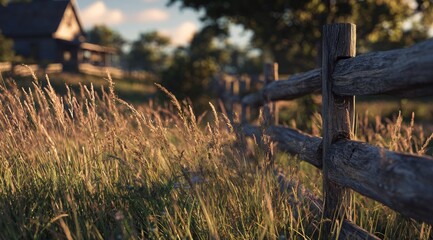 Rustic wooden fence through golden grass field, soft focus.  A quiet, sun-dappled rural scene with a weathered wooden fence leading to a small farmhouse in the background