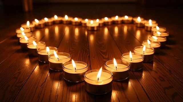 Warm heart shape formed by glowing tea lights on a rustic wooden floor, creating an intimate and romantic atmosphere for celebrations or special moments.